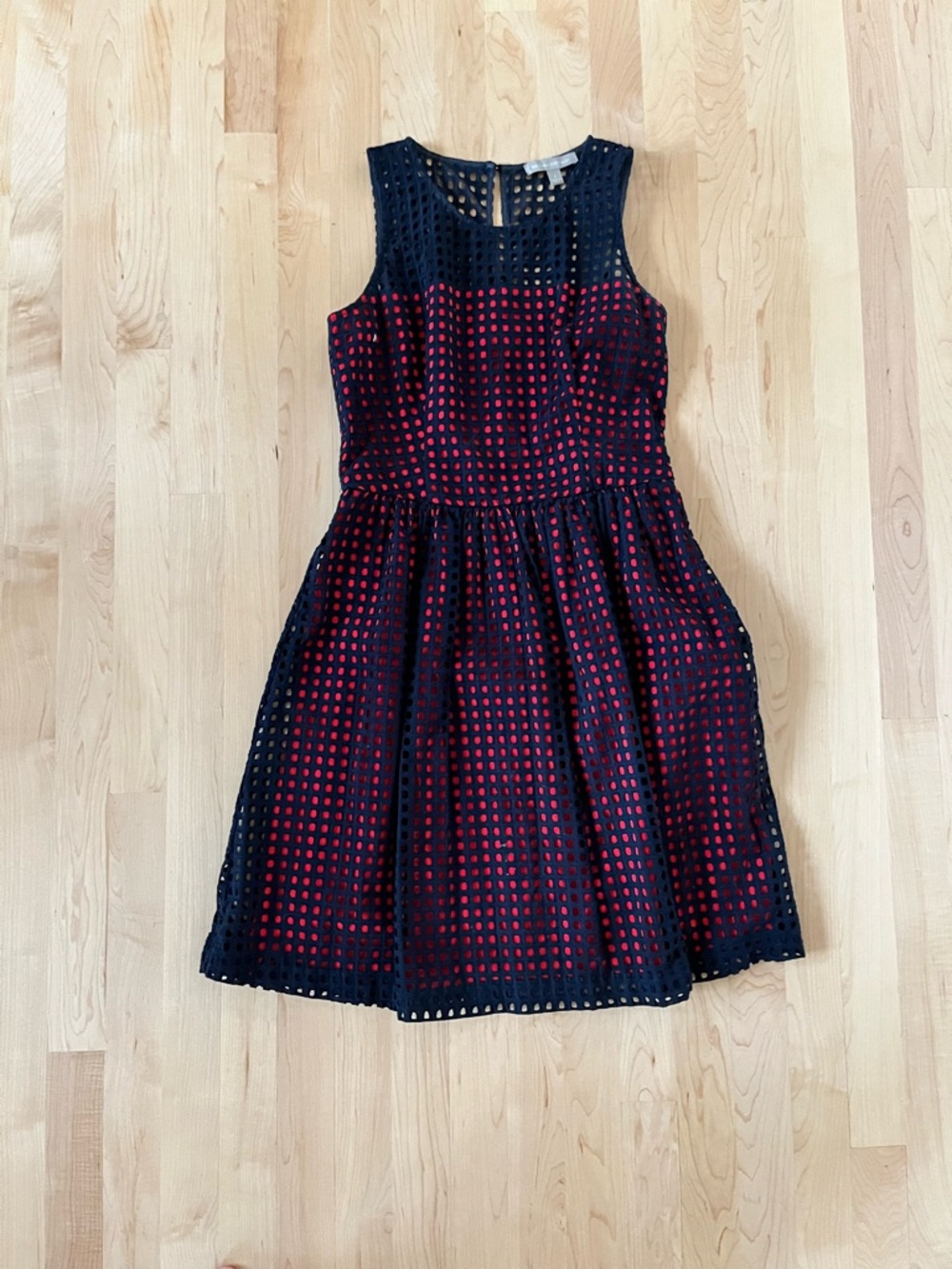 Banana Republic Navy Eyelet Overlay Dress with Red Underlay
